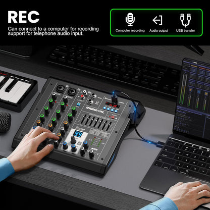 4 Channel Audio Interface DJ Mixer with 99 DSP Reverb Delay Effect USB Audio Interface +48V Phantom Bluetooth for Karaoke Studio Streaming Recording,Live Broadcasting,Podcasting