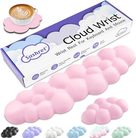 Cloud Wrist Rest Keyboard, Cloud Keyboard Wrist Pad Set with PU Leather Memory Foam, Cute Arm Rest for Palm Support, PC/Gaming Desk Accessories/Office Setup/Computer Hand Cushion - Pink