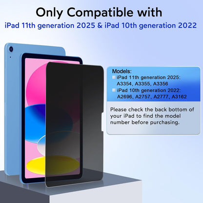MOBDIK 1 Pack Privacy Screen Protector Compatible with iPad 11th Generation 2025 & iPad 10th Generation 2022, Anti Spy, 9H Tempered Glass, EZ Kit