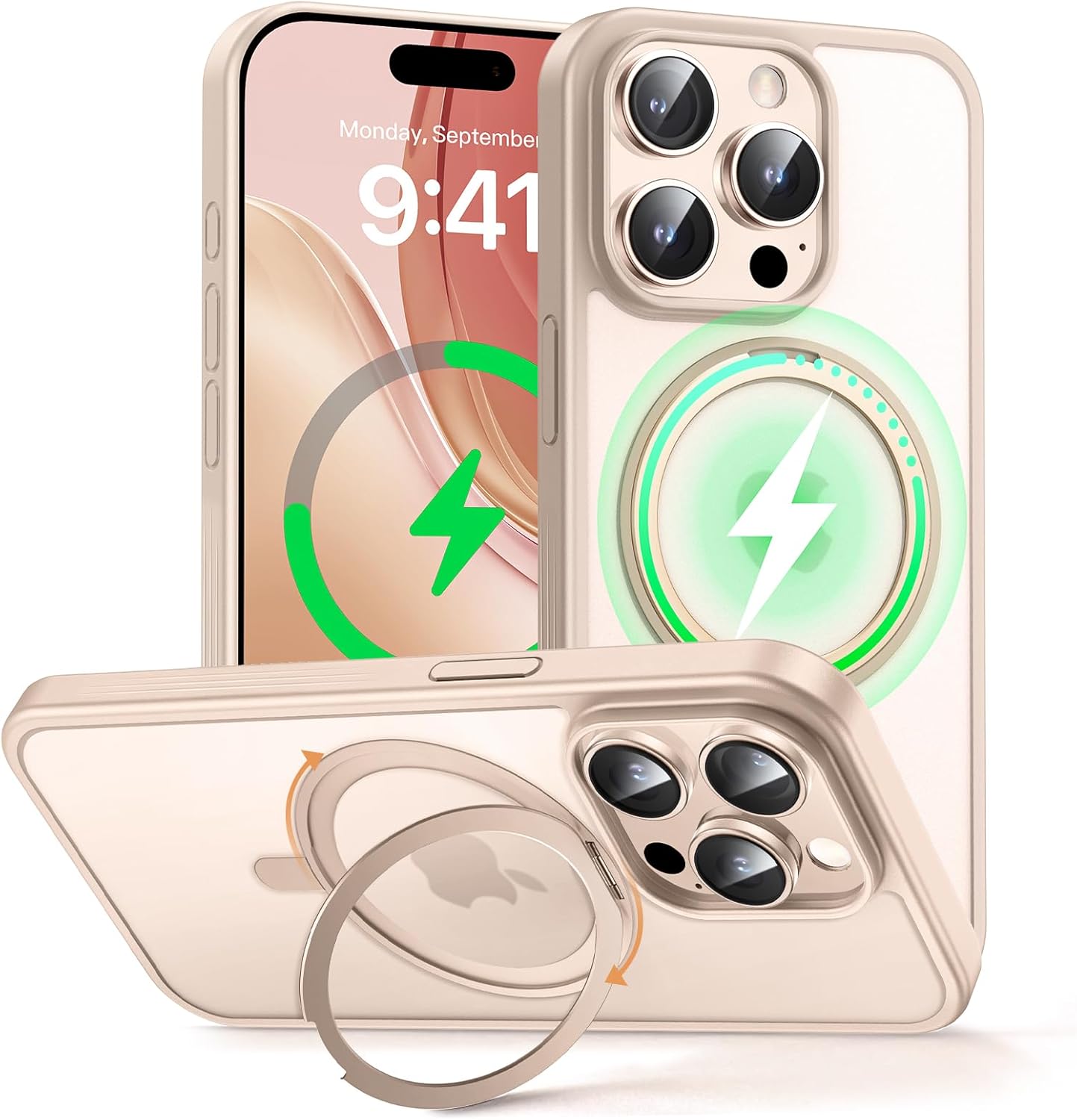 MAGIC JOHN 360° Rotatable Magnetic Invisible Stand for iPhone 15 Pro Max Case [Anti-Slip Grip] [Compatible with MagSafe] 16FT Shockproof for iPhone 15 Pro Max Case with Kickstand, Rose Gold