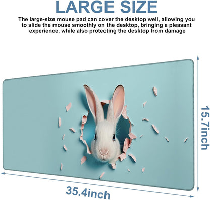 Gaming Desk Pad Large Extra Length Bunny Peeking Out of A Hole Mouse Pad Keyboard Laptop Non-Slip Waterproof with Rubber Base Thick Stitched Edge Mouse Mat for Office Home 35.4 x 15.7 Inches