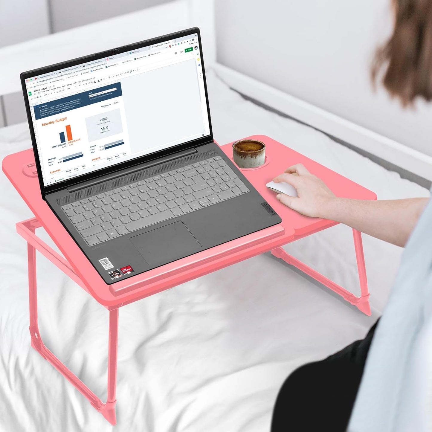 CloudTrip Plus XL Adjustable 17in Laptop Desk with Light, USB Port, iPad Holder, Drawer Storage - Larger 23.6IN Adjustable Lap Desk for Bed, Home Office, Breakfast Tray, Fordable Legs Desk (Pink)