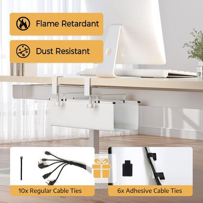 Under Desk Cable Management Tray 15.7" - No Drill Computer Wire Organizer Cable Tray, Cord Hider Clamp Mount with 16X Cable Ties PC Cables Management Cord Holder for Office/Home (Upgrade Fabric,White)