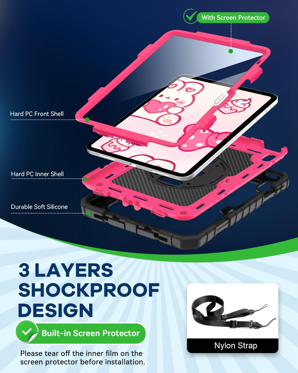 Cantis Case for iPad 11-inch (A16) 2025/ iPad 10th Generation 2022 (10.9 inch) with Screen Protector, iPad 11th Case with 360 Degree Rotating Stand/Shoulder Strap/Pencil Holder, Black+Hot Pink