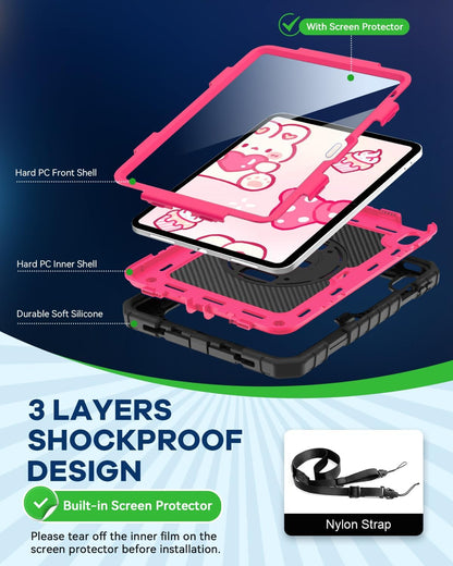 Cantis Case for iPad 11-inch (A16) 2025/ iPad 10th Generation 2022 (10.9 inch) with Screen Protector, iPad 11th Case with 360 Degree Rotating Stand/Shoulder Strap/Pencil Holder, Black+Hot Pink
