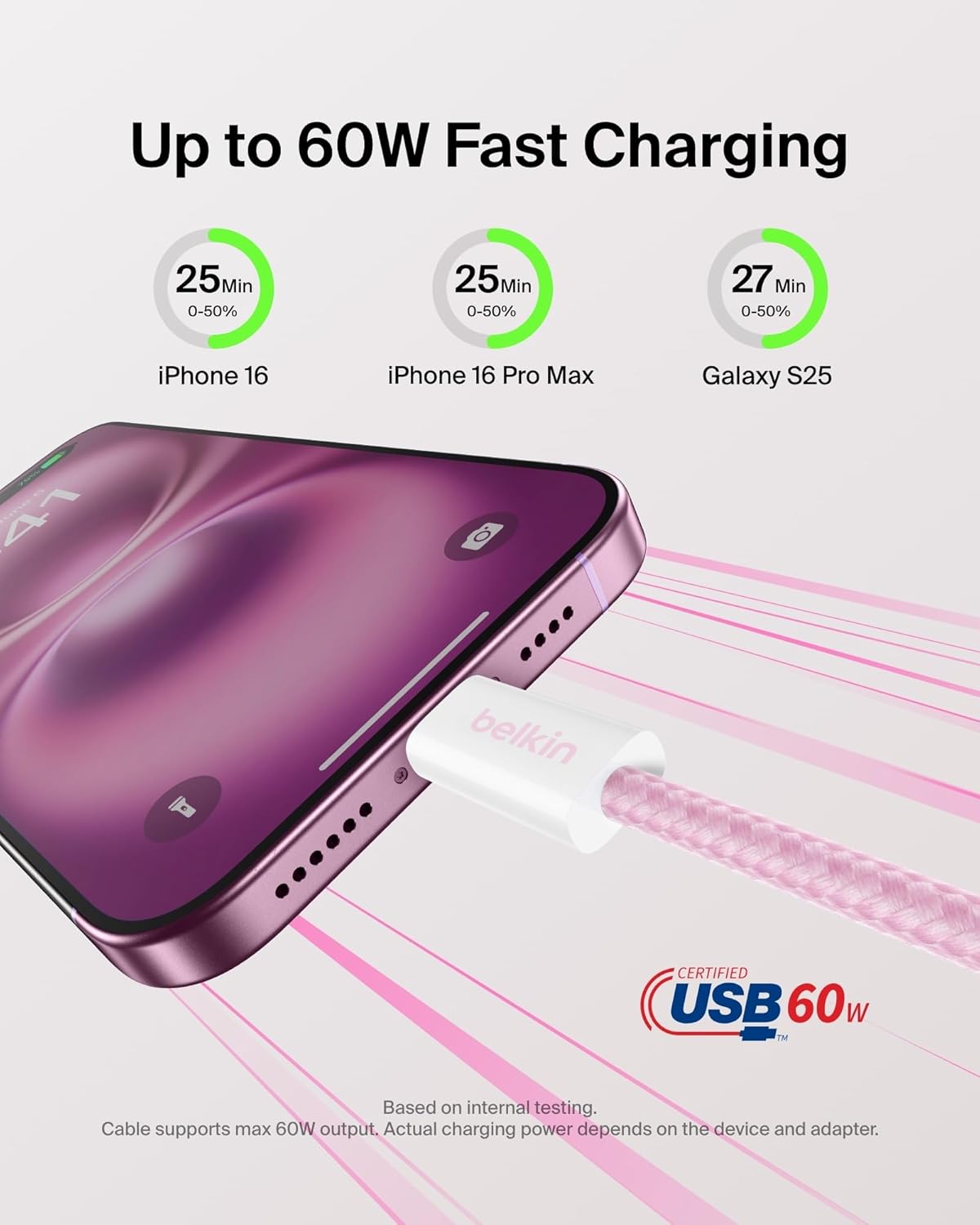 Belkin USB C to USB C Cable, 3.3ft, 60W - Type C Charger, iPhone Charger Cord, Soft, Braided, Flexible for iPhone 16, Galaxy S25, Pixel 9, Airpods, iPad Pro, Tablet & More, Travel Essentials - Pink