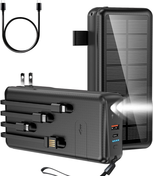 Portable Charger with Built in Cable and Wall Plug 50000mAh PD30W Fast Charging Solar Power Bank with 5 Output & 2 Input Dual LED Flashlights Phone Holder External Battery Pack (Black)