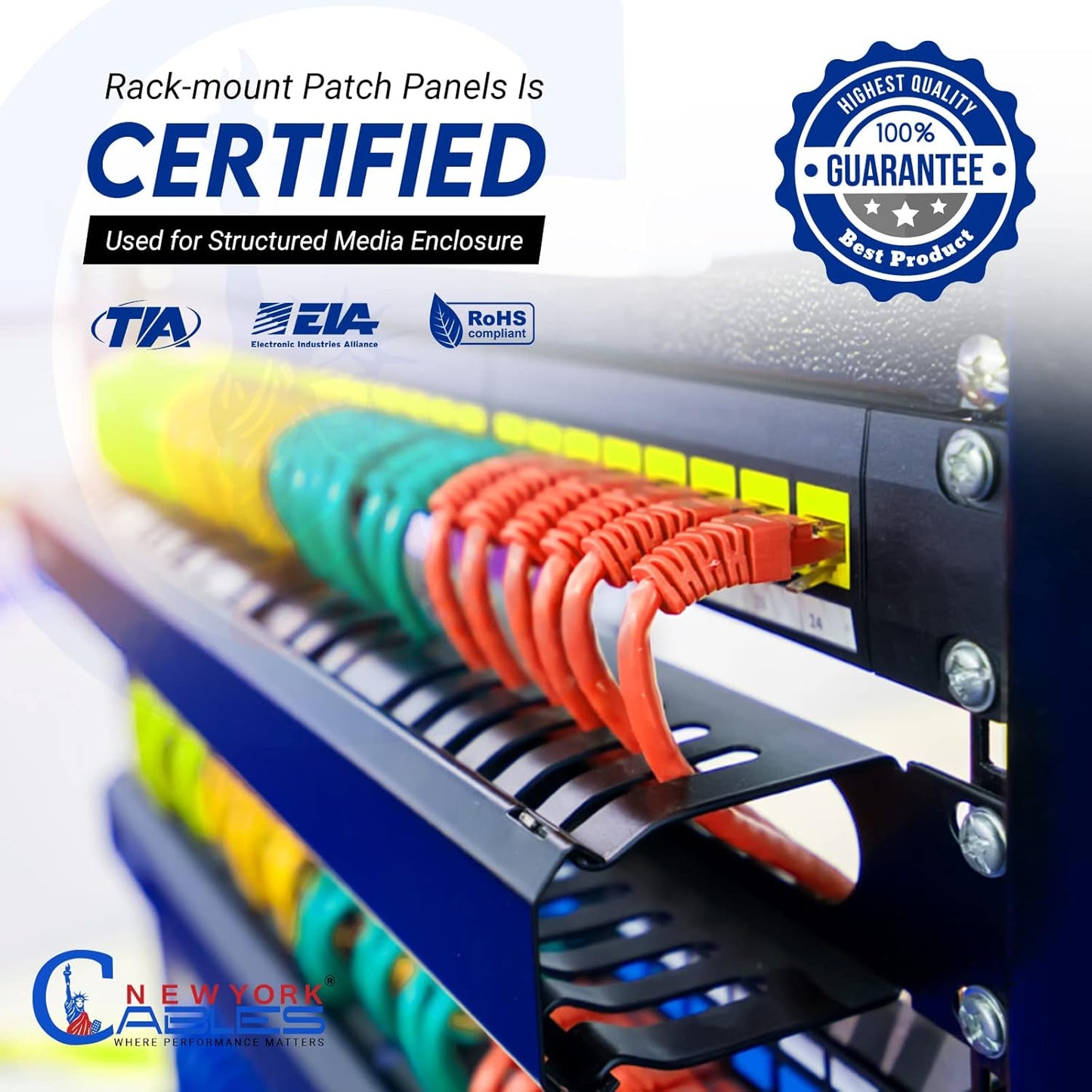 NewYork Cables® Blank Keystone 48 Port Cat6 Patch Panel - 10Gb Ethernet 2U Horizontal Rack Mount, Color-Coded T568A/B Labels, Network for Data Centers, Server Rooms, Unloaded, Unshielded.