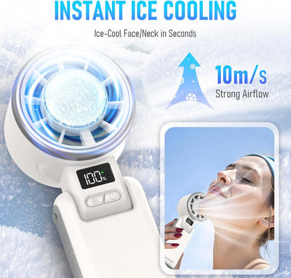 Portable Handheld Turbo Fan with Ice Cooling, Rechargeable Personal Fan, Up tp 12Hrs Cooling, 5 Speed 25550RPM Powerful Portable Fan for Travel, Outdoor, Camping, Hiking (White)