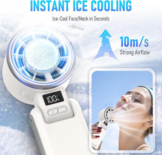 Portable Handheld Turbo Fan with Ice Cooling, Rechargeable Personal Fan, Up tp 12Hrs Cooling, 5 Speed 25550RPM Powerful Portable Fan for Travel, Outdoor, Camping, Hiking (White)