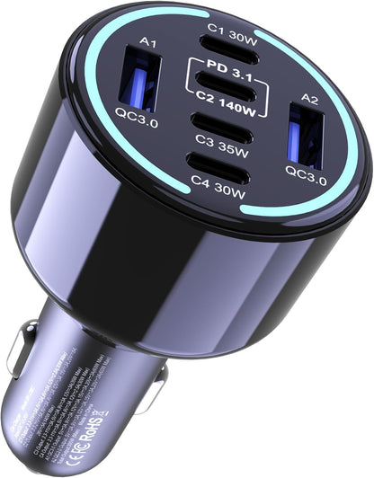 CHIPOFY 300W USB C Car Charger, 6 Ports (4 USB C + 2 USB A) - PD3.1 140W PPS 45W QC 60W Super Fast Charging Car Adapter for MacBook Laptop, iPhone 16 15 Pro Max, iPad, Galaxy S25/S24 Ultra etc