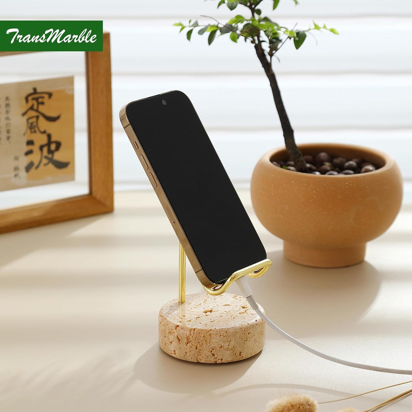 Marble Phone Stand with Metal Holder, Charging Available While Using, Swipe Up to Unlock, Made of Natural Marble as Business Card Holder for Office Desk (Travertine Beige + Gold)
