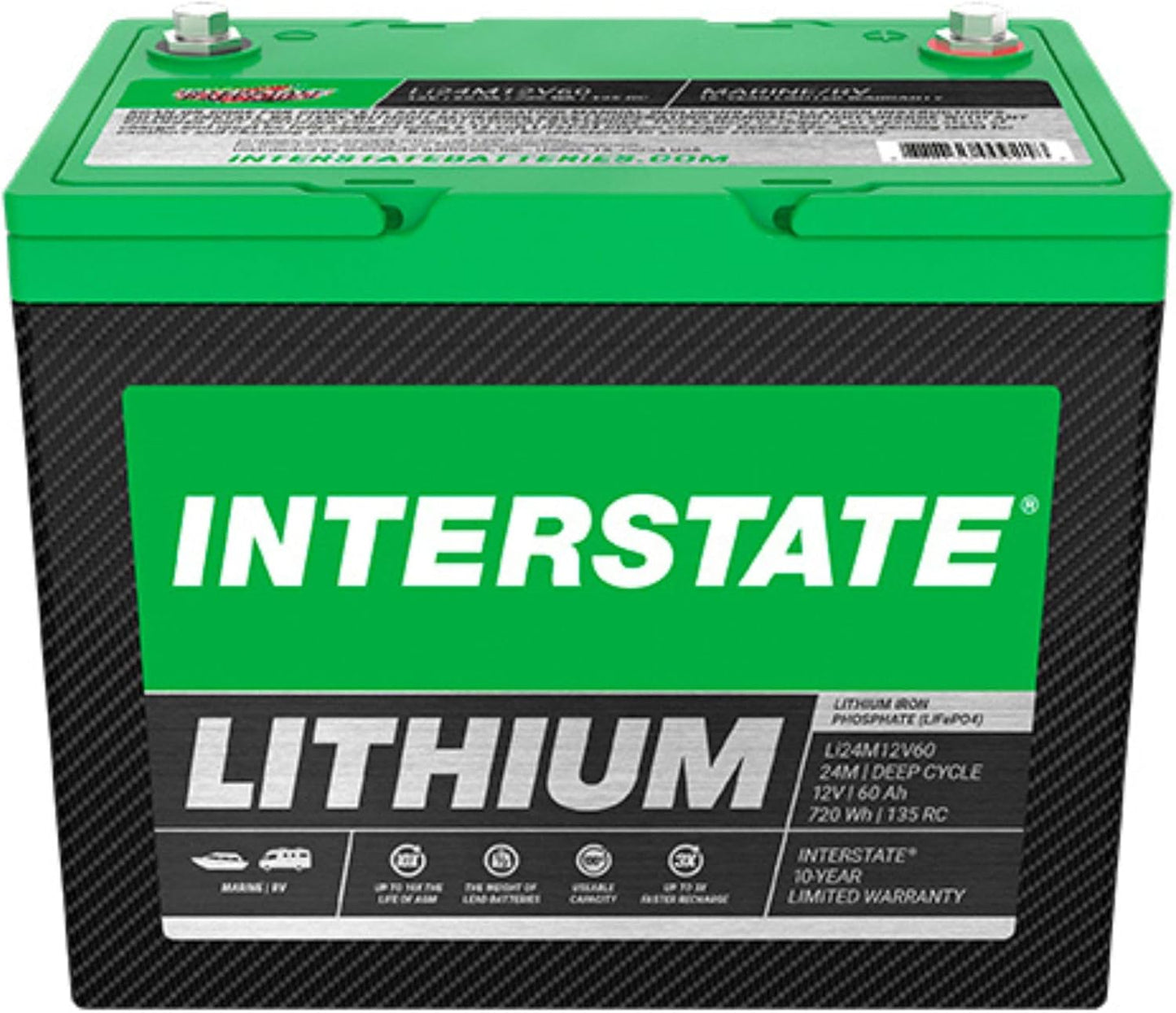 Interstate Batteries 12V 60Ah Group Size 24M Lithium Deep Cycle LiFePO4 Marine/RV Battery, Maintenance Free, Lightweight, Ideal For Boats, RV Camping, Off-Grid, Yachts (Li24M12V60)