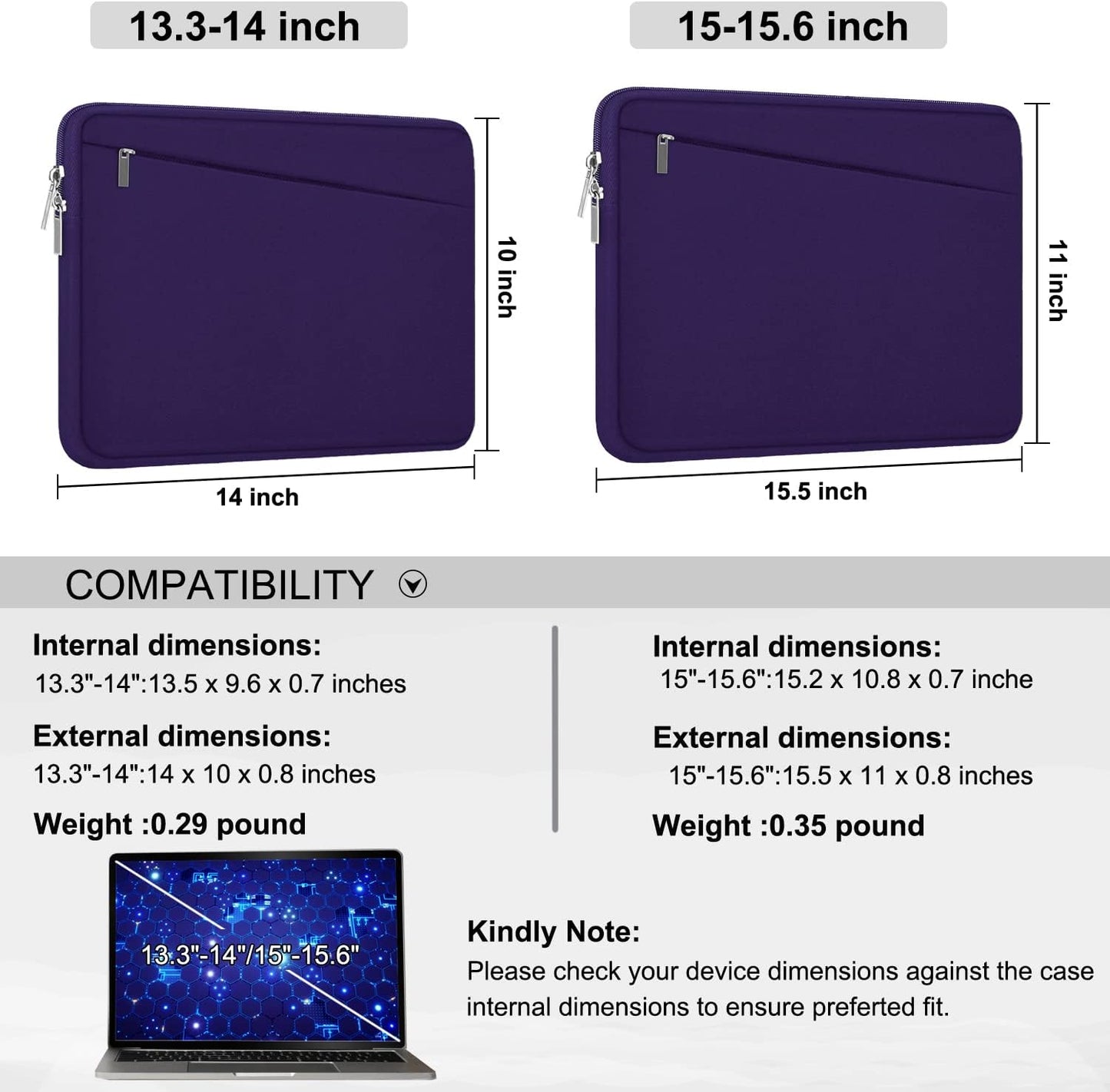 15.6 inch Laptop Sleeve Case, Durable Computer Carrying Bag Protective Case Briefcase Handbag with Front Pocket, Slim Laptop Case Cover for 15.6 Inch HP, Dell, Lenovo, Asus, Notebook, Purple