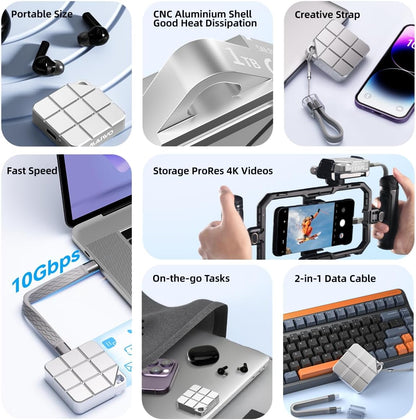 MAIWO 512GB Portable SSD External Solid State Drive Build-in M.2 2230 PCIe NVMe SSD, USB C 3.2 Up to 1050MB/s, Mini PSSD for iPhone 15/16 Pro Max MacBook Pro/Air, Aluminum (Silver)