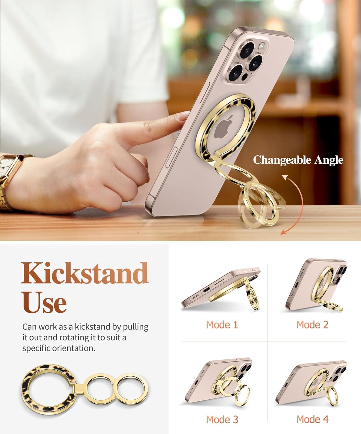 GVIEWIN Magnetic Phone Ring Holder, Compatible with MagSafe Phone Grip with Adjustable Stand, Magnet Phone Ring Kickstand for iPhone 16 Pro Max/Plus/15/14/13/12 Series/Other Phones (Tortoiseshell)