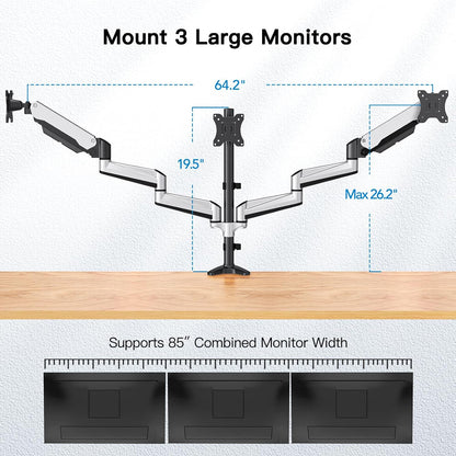 HUANUO Triple Monitor Stand - Full Motion Articulating Monitor Mount Fit Three 17 to 32 inch Flat/Curved LCD Computer Screens with Clamp, Grommet Kit, Silver