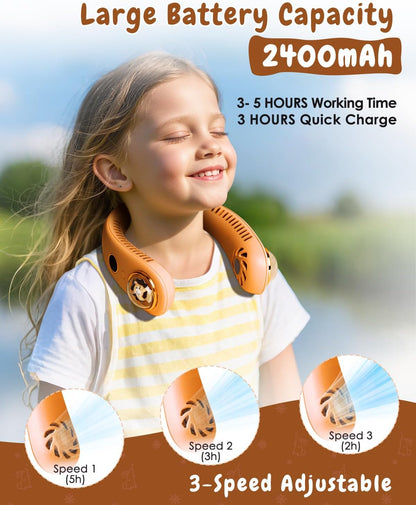Neck Fan for Kids,Bladeless Portable Fan Rechargeable for 4-14Y Girls & Boys, 2400mAh USB Personal Cooling Mini Fan Rechargeable for Travel/Disney/Camping, 3 Speeds, Summer Essentials(Orange)