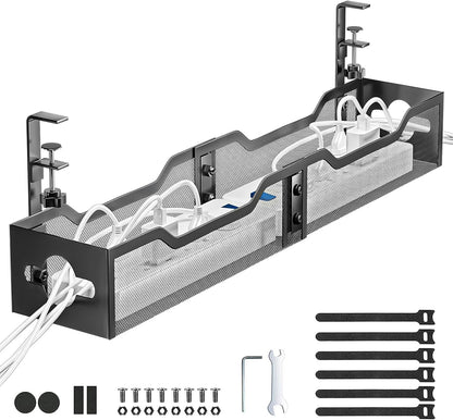 Under Desk Cable Management Tray Black, Litwaro Cable Management Under Desk No Drill, 25'' Cable Tray with Clamp for Wire Management, Cord Organizer for Office, Home - No Damage to Table