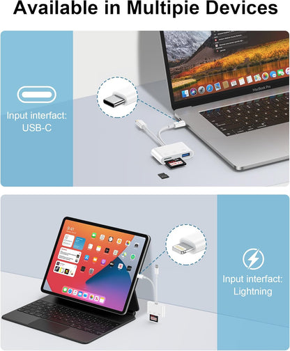 3 in 2 Lightning & USB-C SD Card Reader for iPhone 16 Pro Max 15 Plus 14, Dual Port OTG MicroSD Memory Card Reader Dongle Adapter with SD/TF/USB3.0 Slot for Camera iPad Galaxy S25 S24 MacBook Air/Pro