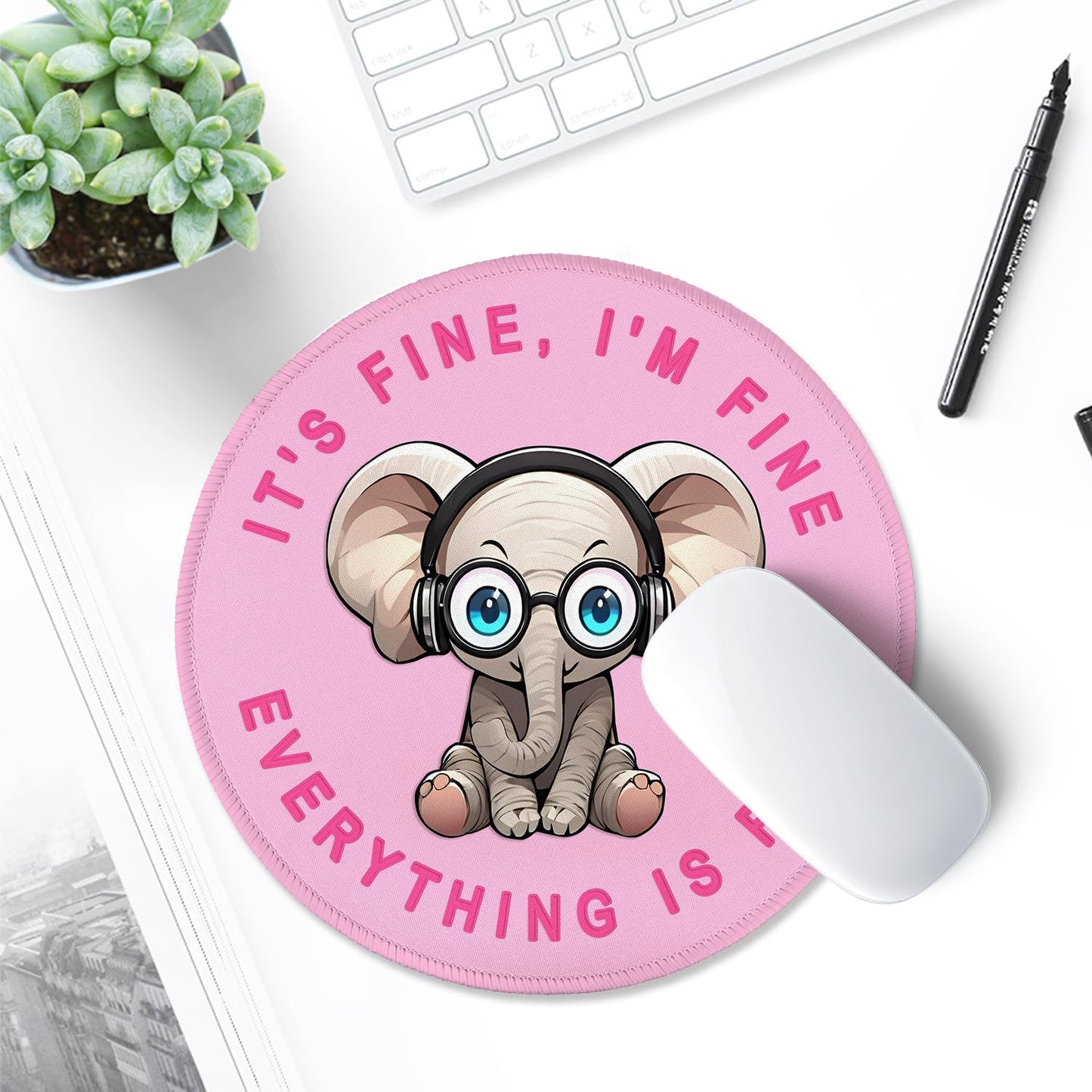 ITNRSIIET Round Mouse Pad with Stitched Edge Premium-Textured Waterproof Non-Slip Rubber Base Desktop Protection Mat Diameter 8.7 inches, Pink Pretty Elephant