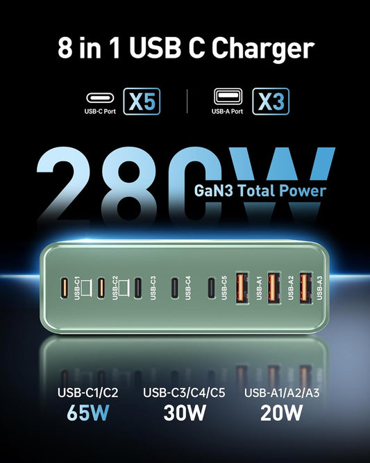 280W USB C Charger Block, 8-Port USB C Charging Station GaN III PD 65W Laptop Charger Adapter Compatible with MacBookPro/Air,DELL,iPad,Portable Charging Station for iPhone,Samsung Galaxy(Green)