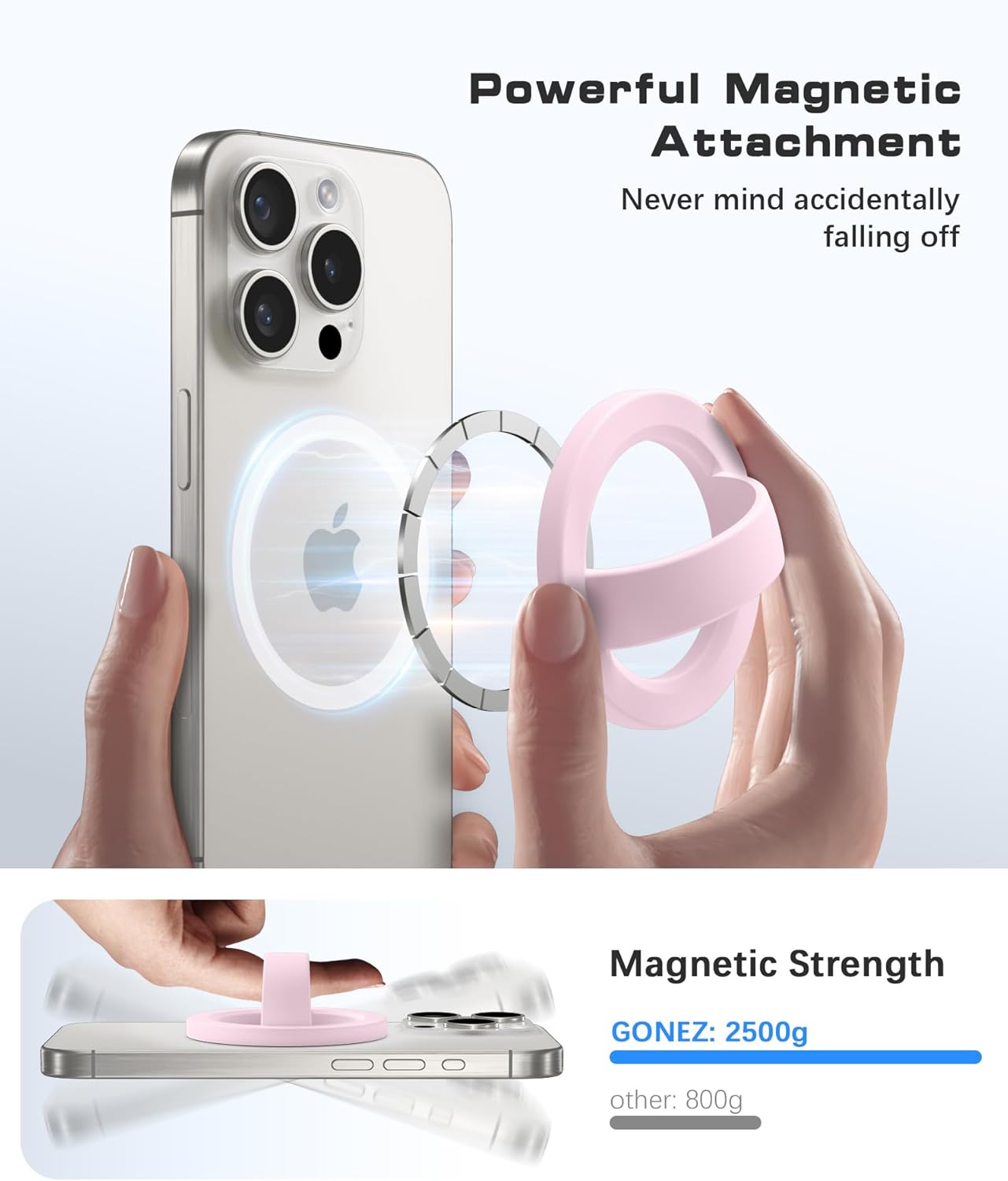 GONEZ Magnetic Phone Grip Compatible with MagSafe, Removable Silicone Loop Grip, Phone Ring Holder for Back of Phone for iPhone 16/15/14/13/12 Series, Pastel Pink