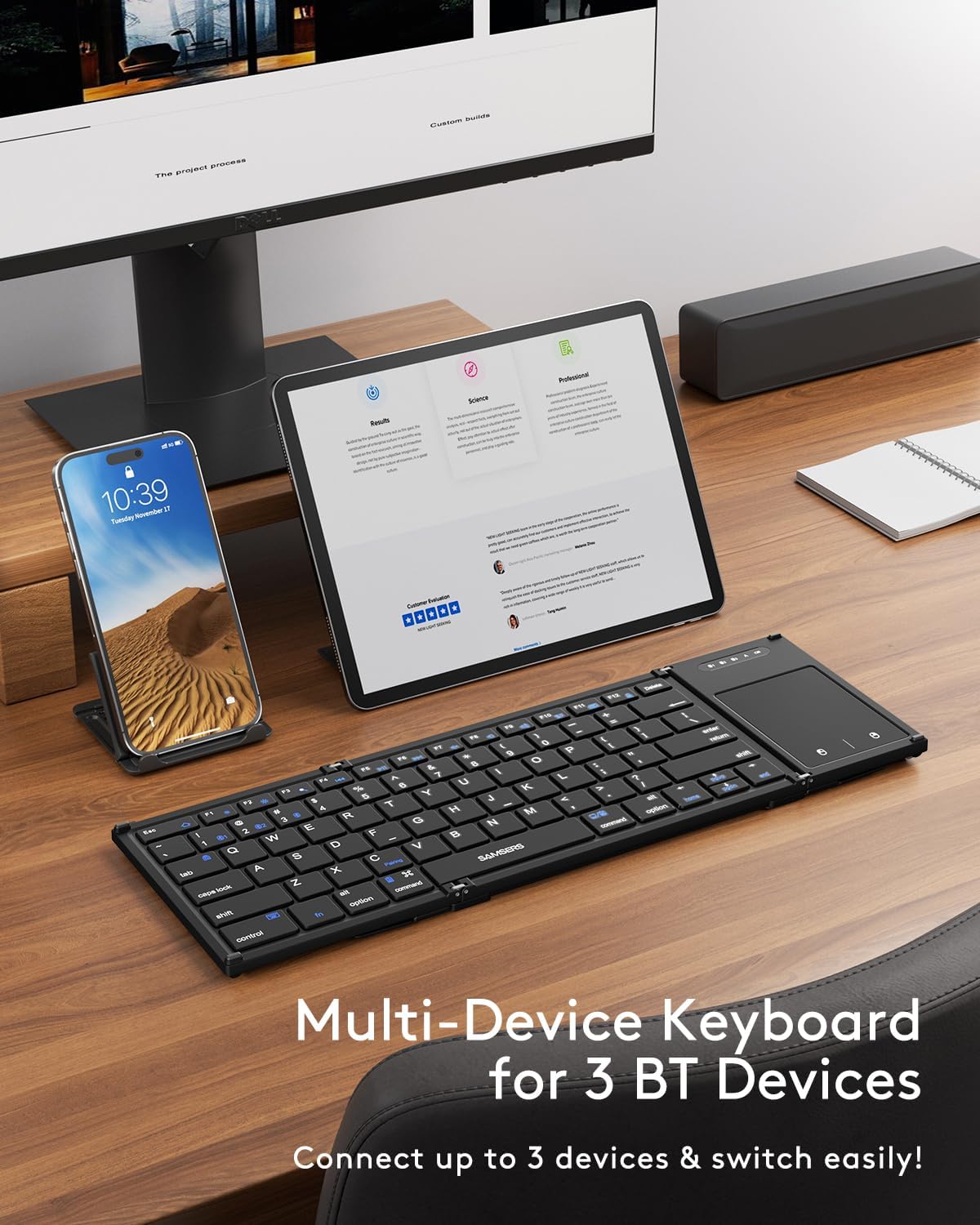 Samsers Foldable Bluetooth Keyboard with Touchpad, Full-Size Wireless Folding Keyboards with Holder, Rechargeable Portable Travel for iOS Windows Android Mac OS, Support 3 Devices (BT5.1 x 3)