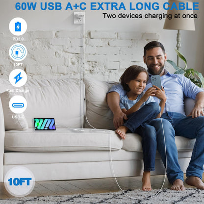 10FT iPhone 16e Fast Charger,2Pack 20W Dual Port USB C+A Power Adapter 10Foot Long USB C to C Fast Charging Cable Cord Quick Charging for iPhone 16e/16/16 Pro/15/15 Pro/Pro Max/Plus,iPad Pro/Air/Mini