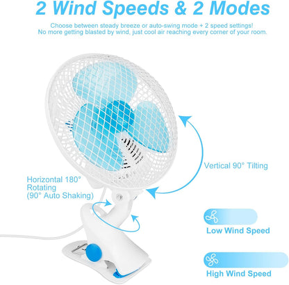 8.66" Portable Clip on Fan, 2 Speed Desk Fan with Auto Shaking Function, 180° Adjustable Tilt, Study Clamp, Personal Cooling Fan with 3.94ft Cord for Home Office Dorm