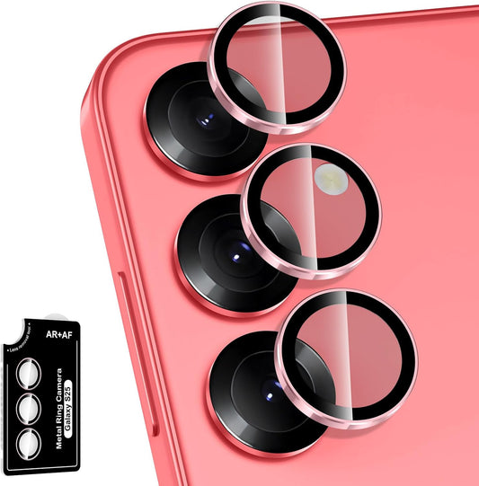 for Samsung Galaxy S25 Camera Lens Protector, Individual Metal Ring Tempered Glass Lens Cover, [Strong Adsorption] Scratch Resistant Ultra-Thin HD Clear Lens Cover, 1 Set-Pink Ring