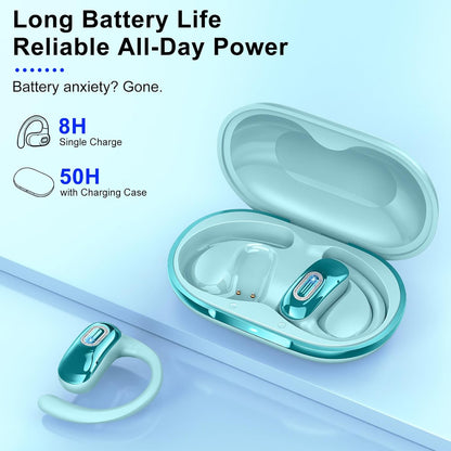 Open Ear Headphones, Bluetooth 5.4 Earbuds, 50H, Air Conduction Ear buds, HD Stereo Bass Over Ear Earphones with Earhooks, Ultra-Comfort Secure Fit, IPX7 Waterproof Headset for Working Sports, Blue