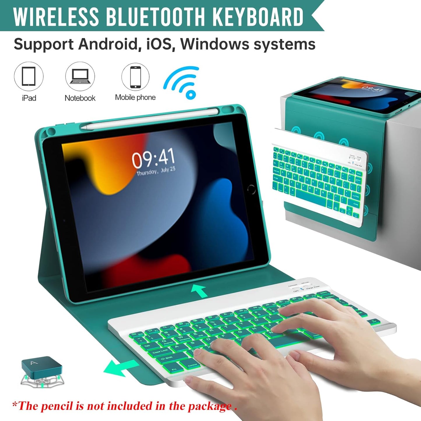 Keyboard Case for iPad 9th/8th/7th Generation 10.2 inch 2021/2020/2019 & ipad Pro 10.5-inch & ipad Air 3 2019-Backlit Detachable keyboard 360° Rotatable Folio Cover with upper pencil holder-(Teal)
