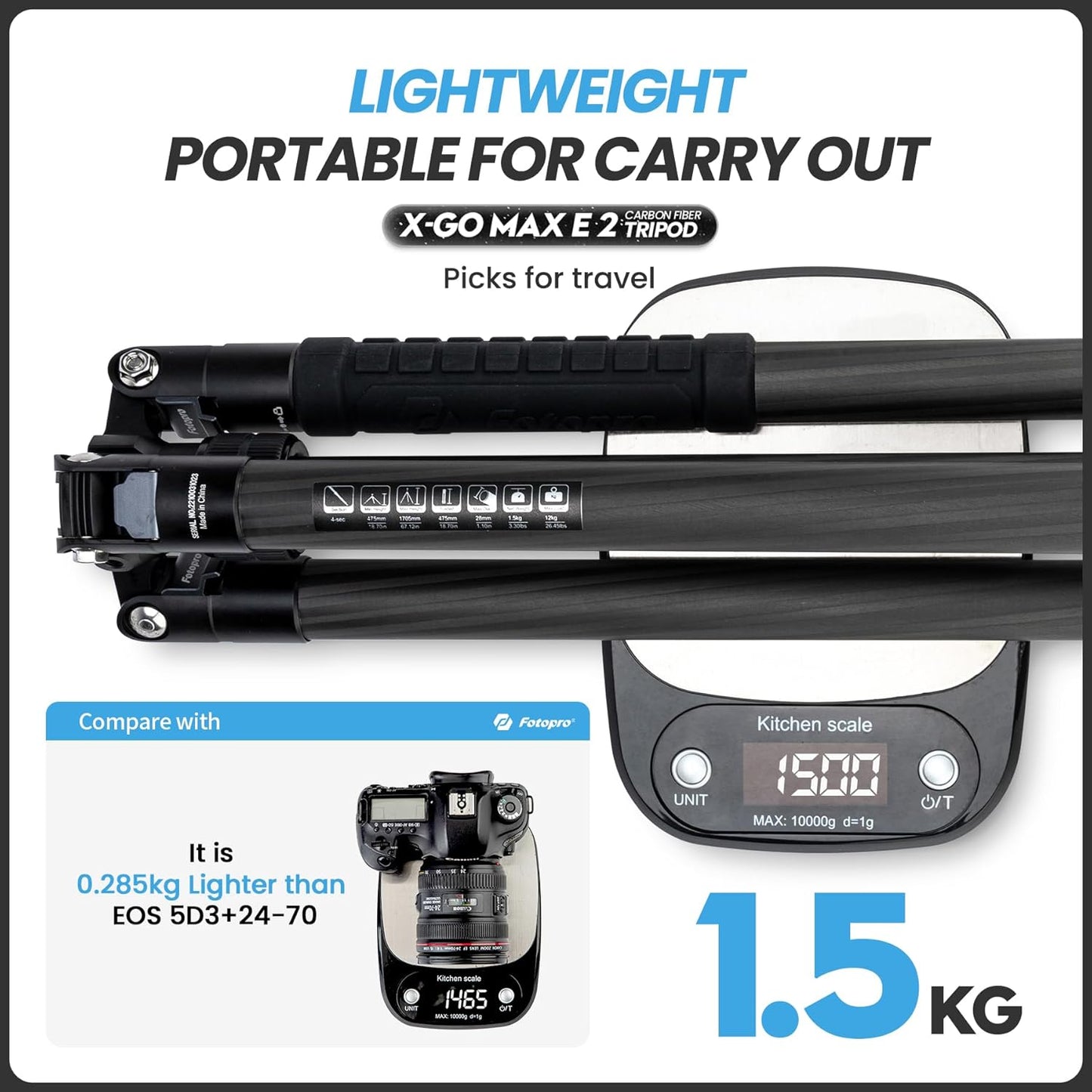 Fotopro 68" Carbon Fiber Travel Tripod, Heavy Duty Camera Tripod with Ball Head, Detachable Monopod with Quick Release Plate and Bag, Load up to 12KG/26lbs