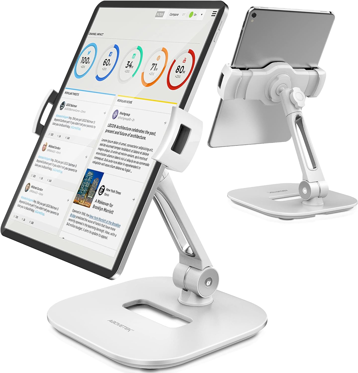 AboveTEK Tablet Stand Holder, Stylish Aluminum iPad Stands, Foldable 360° Swivel iPad iPhone Table Stand Holder fits 4-11" Tablets/Smartphones for Kitchen Bedside Office POS Showroom Reception (White)