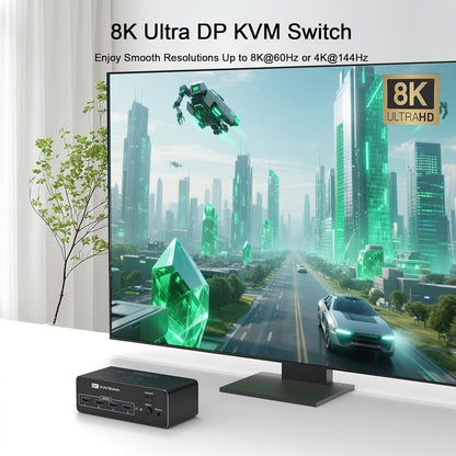 DEMEXBOOK Dual Monitor DisplayPort KVM Switch 2 Monitors 2 Computers 8K@60Hz 4K@144Hz,KVM Switch 2 Computers Share 2 Monitors, 4 USB 3.0 Ports, Supports Extended/Copy Mode with Remote & USB Cables
