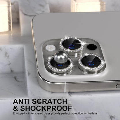 Choiche Compatible for iPhone 16 Pro/iPhone 16 Pro Max Camera Lens Protector Bling, 9H Tempered Glass Camera Cover Screen Protector Metal Ring Decoration Accessories (Diamond-Titanium Natural)