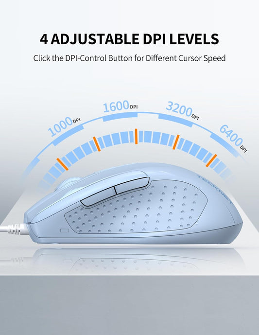 TECKNET Wired Mouse, 6-Button Corded with 4 Adjustable DPI, Optical Mouse with Ergonomic Design and 5FT Cord for Laptop, Chromebook, PC, Desktop, Mac, Notebook - LT.Blue