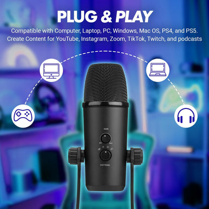 Movo UM700 Computer Condenser USB Gaming Mic with Adjustable Pickup Patterns - Microphone for PC, PS5, Podcasting, Streaming, ASMR