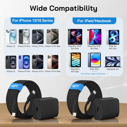 30W USB C i Phone 16 15 Charger Fast Charging, 2PACK Wall Charger for iPhone 16 15 Pro Max Charger Cord 10FT Fast Type C Charger Block for iPhone 16/16 Pro/15 Plus/15 Pro/15 Pro Max, iPad Pro, Black