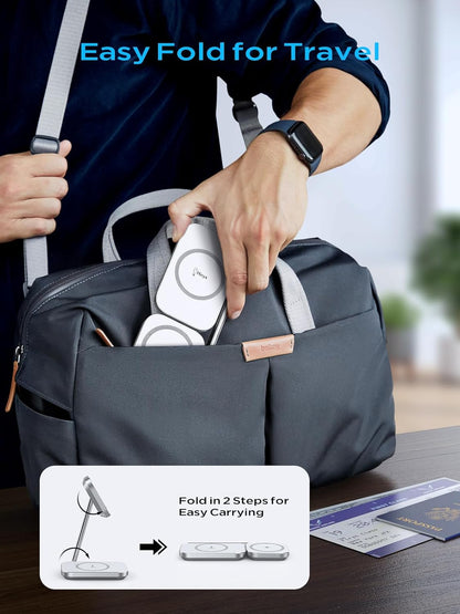 2-in-1 Magsafe Charger Stand, Zinc Alloy Foldable Magnetic Wireless Charger, 20W Portable Fast Wireless Charging Station for iPhone 15/14/13/12 Series, AirPods 3/Pro/2