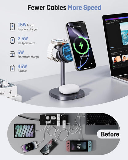 2025 New Magnetic Wireless Charger with Active Cooling, 15W Qi2 Fast 3 in 1 Charging Station for Apple Charger Stand, Wireless Charger for iPhone16/15/14/13/12 Series, Apple Watch, AirPods