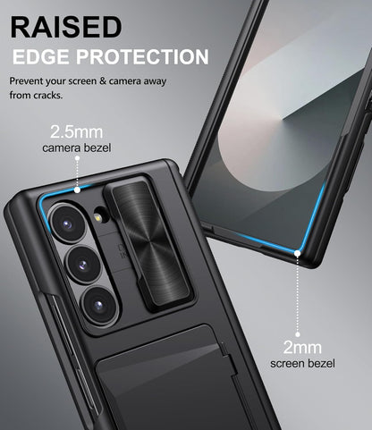 for Samsung Galaxy Z Fold 6 Case with Card Holder & Slide Camera Cover, Built-in Screen Protector & Hinge Protection, Shockproof Durable Wallet Phone Cover Case for Galaxy Z Fold 6 2024, Black