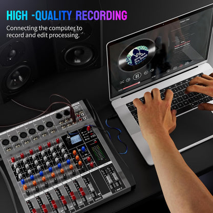 Professional DJ Audio Mixer - NEW BAXS 6 Channel DJ Bluetooth Controller Sound Mixer,USB Interface,6 XLR Mic/Line Input,AUX,FX Processor MP3 Player,+48V Phantom For Karaoke Studio Streaming Recording