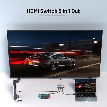 NEWCARE HDMI Switch 3 in 1 Out, 4K@60Hz HDMI 2.0 Switch with 2.6FT HDMI Cable, 3-Port HDMI Switcher Selector, Supports 4K 30Hz 3D 1080P HDCP2.2 for PS5 Xbox DVD Player Fire Stick PC, Grey