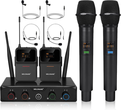 4-Channel Wireless Microphone System,UHF Cordless Mic Set w/ 4x10 Frequencies, 200ft, 2 Handheld Dynamic Mics, 2 Bodypacks & Headset/Lapel Microphones for Singing, Karaoke, DJ (MWM-41-2H2B)