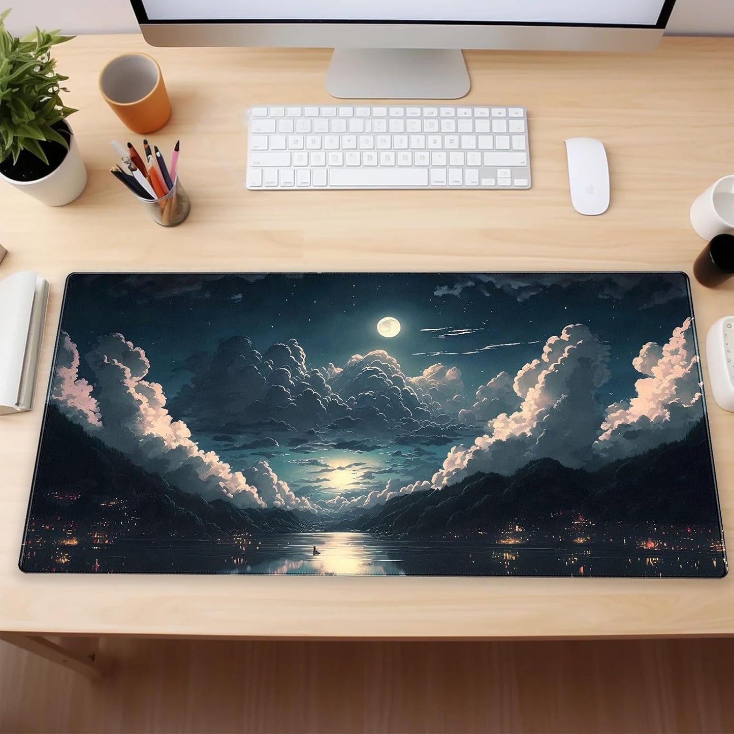Anime Aesthetics Desk Mat Cloud Mouse Pad Gaming MousePad XXL Computer Mat Full Desk Mouse and Keyboard Pad Full Moon Mouse Mat with Stitched Edge Anti-slip Washable for Office and Home 31.5 x 15.7 In