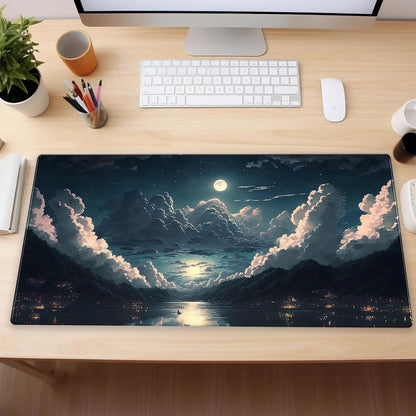 Anime Aesthetics Desk Mat Cloud Mouse Pad Gaming MousePad XXL Computer Mat Full Desk Mouse and Keyboard Pad Full Moon Mouse Mat with Stitched Edge Anti-slip Washable for Office and Home 31.5 x 15.7 In