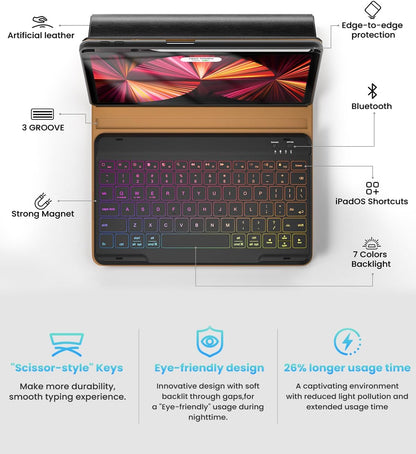 Leather Keyboard Case for iPad Air 5th 4th Generation 10.9 inch Pro 11 1st/2nd/3rd/4th, 7 Color Backlight BT Keyboard Folio with Pencil Holder 2022 2021 2020 2018 (Black