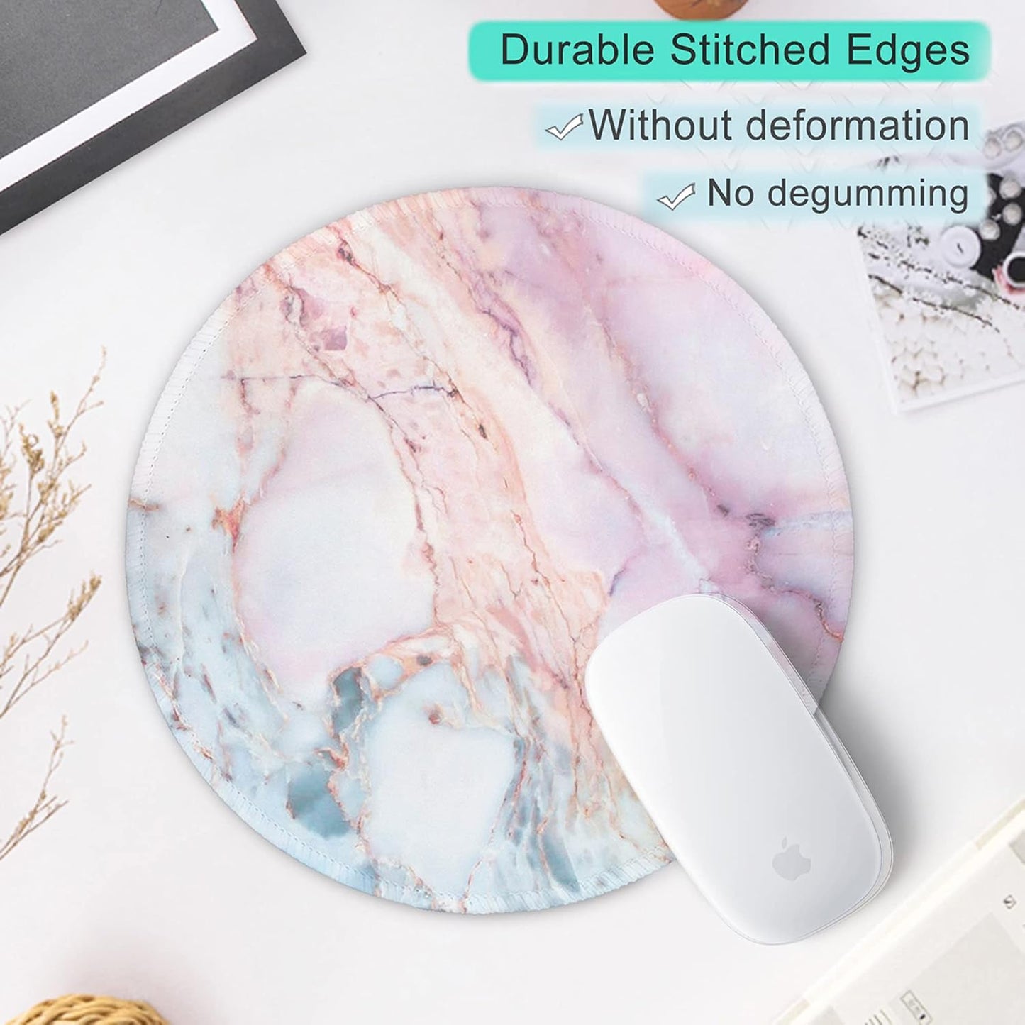 ITNRSIIET Marble Round Mouse Pad Pink Marble Customized Premium-Textured Washable Desktop Protection Mouse Mat with Non-Slip Rubber Base 7.87×7.87×0.12 inches, Pink Marble